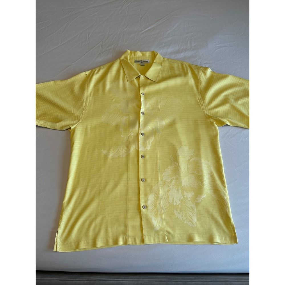 Tommy Bahama Silk Camp Shirt Yellow Hibiscus Tropical Mens Size L